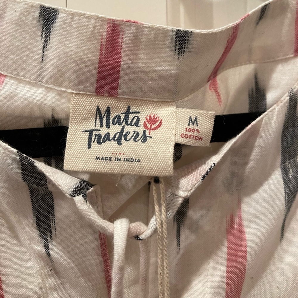 Mata Traders White Cotton Stripe Dress with Pink & Black Accents